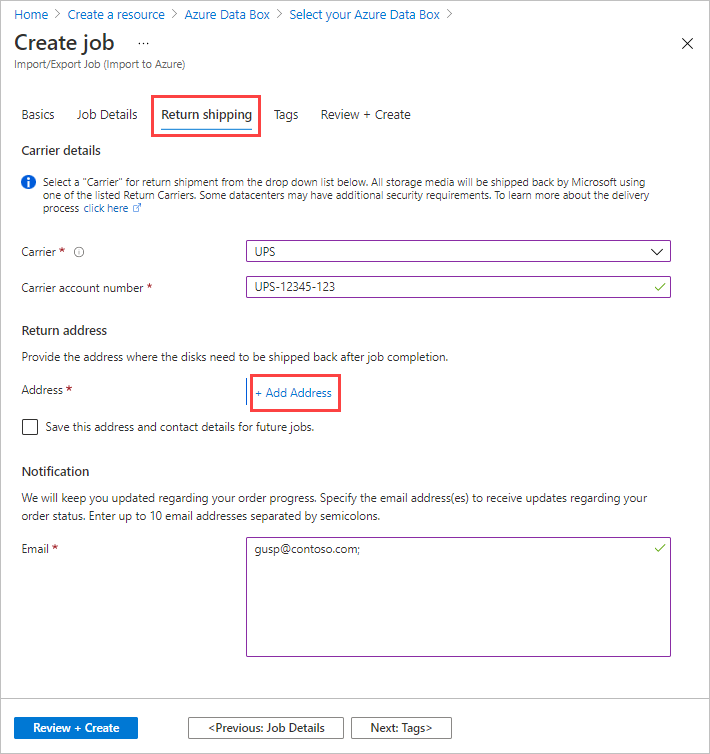 Captura de tela da guia Remessa de Devolução de um trabalho de importação no Azure Data Box. A guia Remessa de Devolução e o botão + Adicionar Endereço estão realçados.