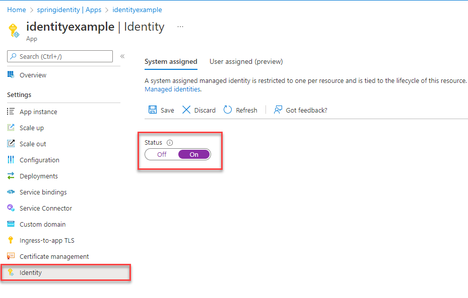 Captura de tela mostrando como habilitar a identidade gerenciada para Aplicativos Spring do Azure.