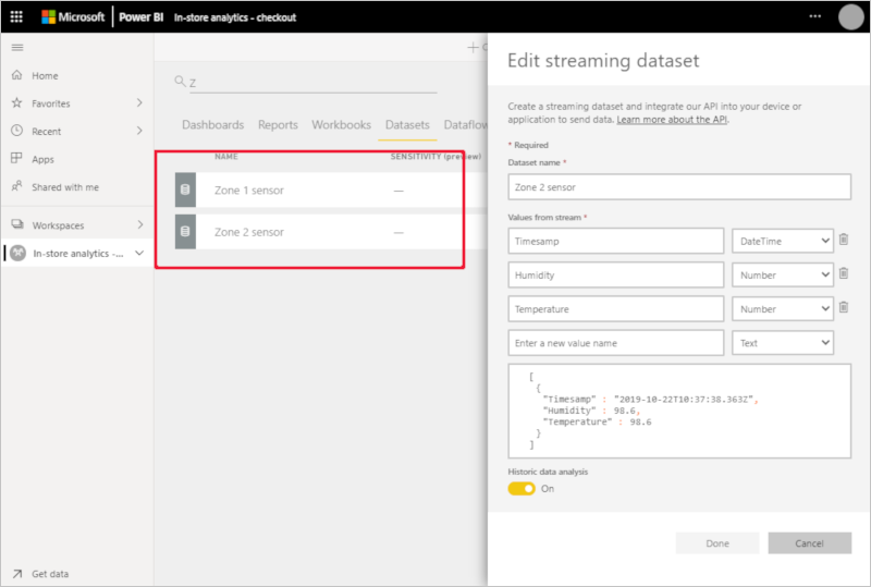 Captura de tela que mostra a definição de data set do sensor da zona um no Power BI.