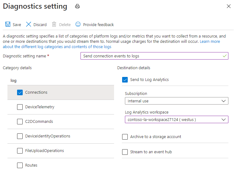 Configuração recomendada para enviar logs de conectividade ao workspace do Log Analytics.