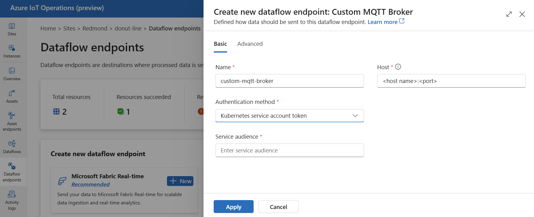 Captura de tela usando a experiência de operações para criar um ponto de extremidade do Agente MQTT personalizado.