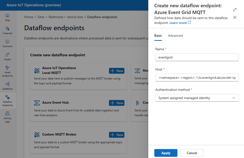 Captura de tela usando a experiência de operações para criar um ponto de extremidade da Grade de Eventos do Azure.