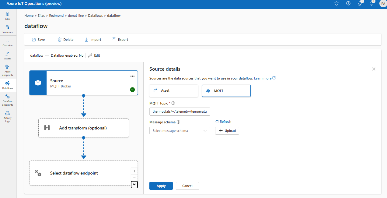 Captura de tela usando a experiência de operações para selecionar MQTT como o ponto de extremidade da fonte.