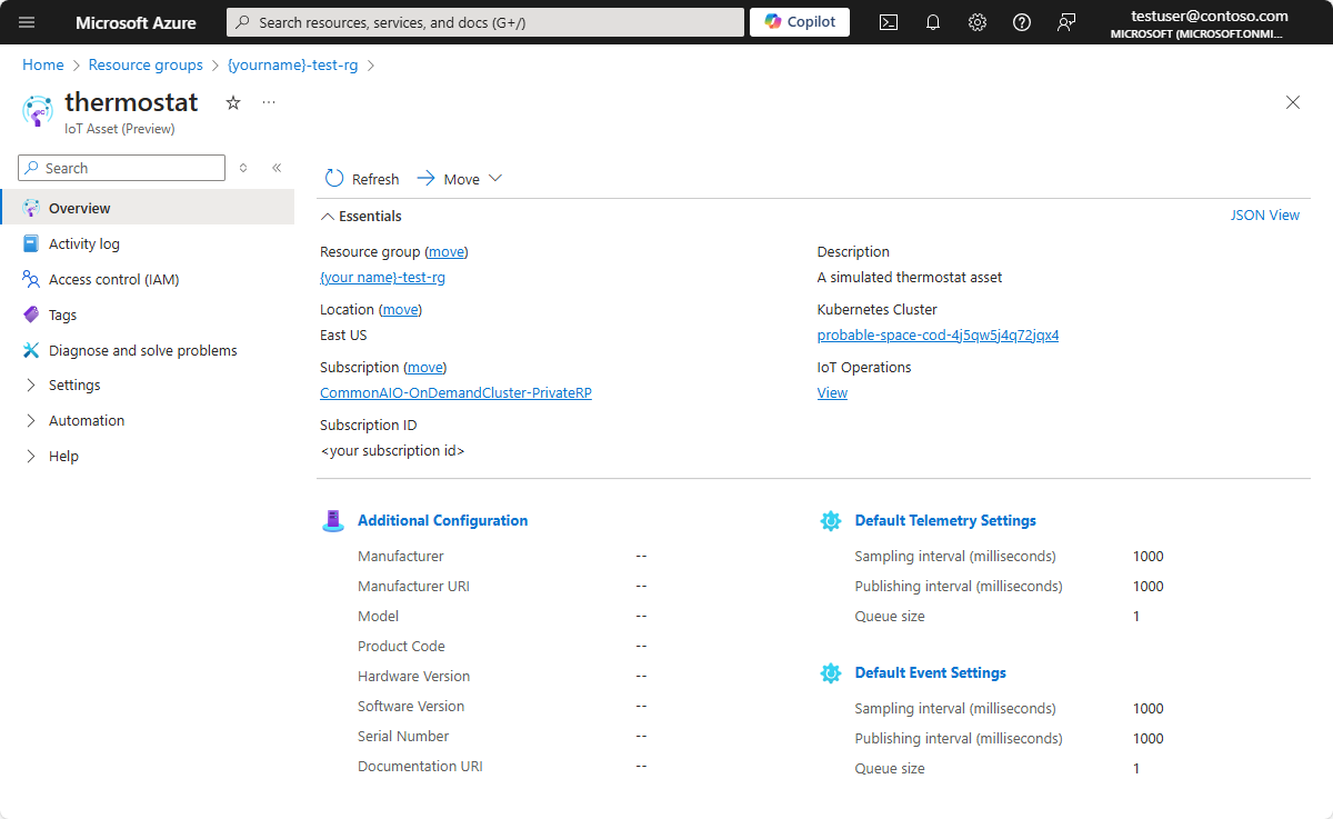 Uma captura de tela que mostra o ativo do termostato no portal do Azure.