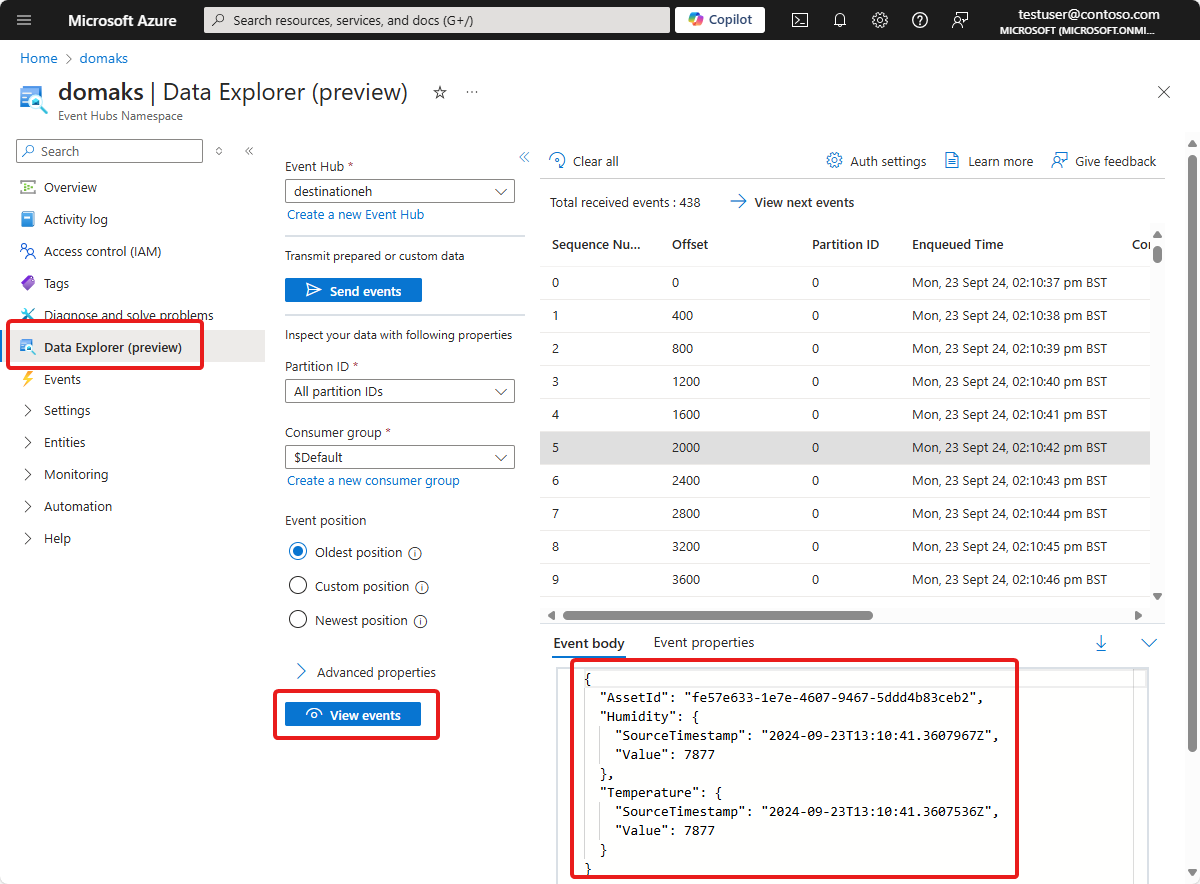 Captura de ecrã da página **Data Explorer** da instância dos Hubs de Eventos.