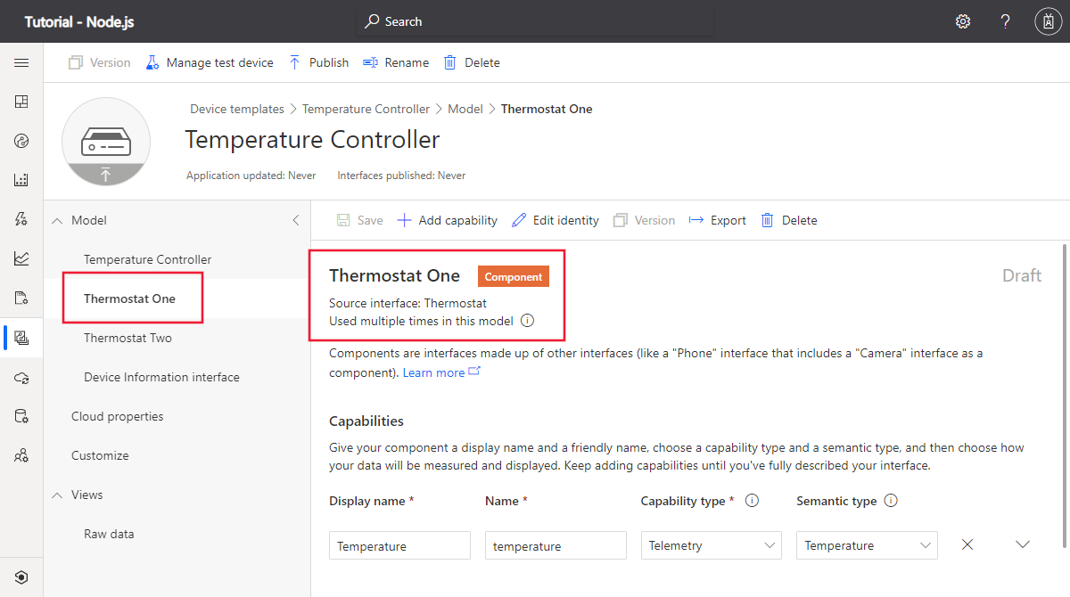 Captura de tela mostrando os componentes do termostato no modelo de dispositivo do controlador de temperatura no IoT Central.