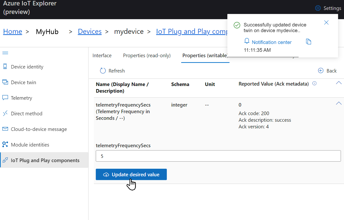 Captura de tela da configuração do intervalo de telemetria no dispositivo no Gerenciador de IoT.