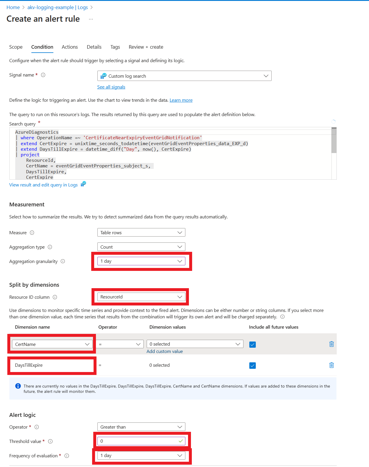 Captura de tela que mostra a configuração da condição de alerta.