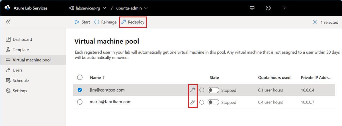 Captura de tela que mostra o pool de máquinas virtuais no portal Web do Lab Services, destacando o botão Reimplantar.