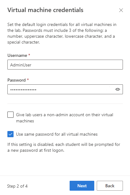 Captura de tela que mostra a janela de credenciais da máquina virtual ao criar um novo laboratório do Azure Lab Services.