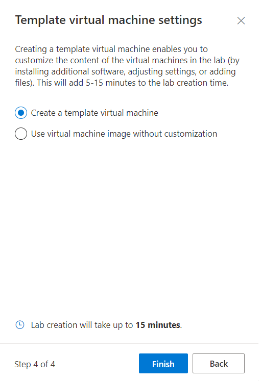 Captura de tela das janelas de configurações da máquina virtual de modelo ao criar um novo laboratório do Azure Lab Services.