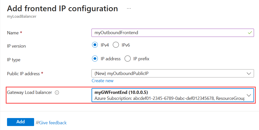 Captura de tela para adicionar configuração de IP de front-end.