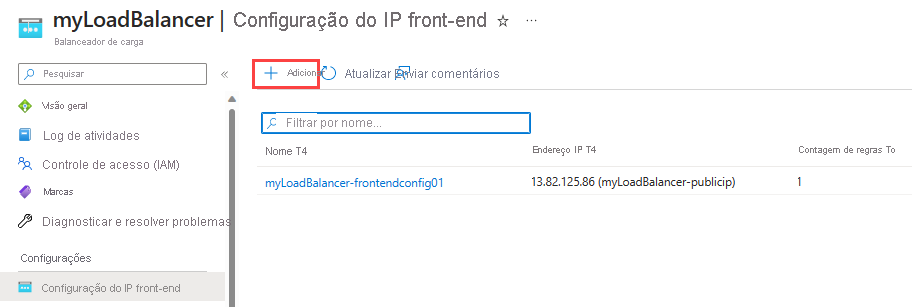 Captura de tela da configuração do IP de front-end.