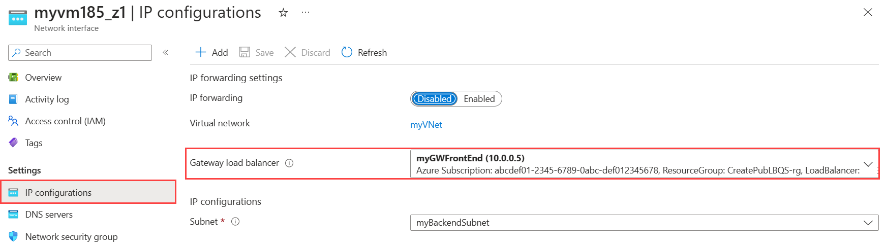 Captura de tela da seleção do balanceador de carga do gateway nas configurações de IP.