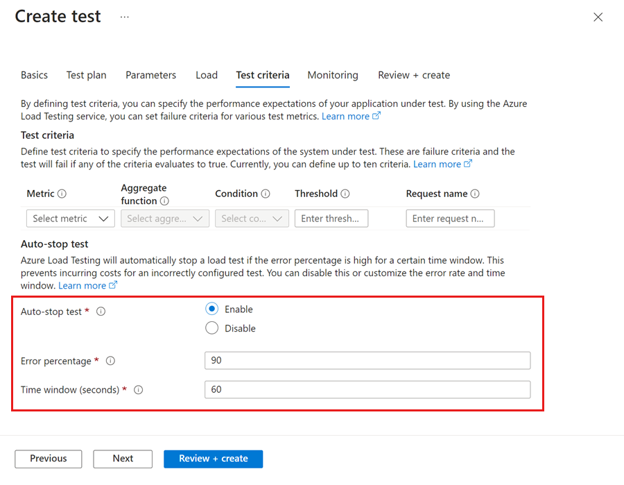 Captura de tela do painel 'Critérios de teste' para um teste de carga no portal do Azure, realçando a funcionalidade de parada automática.