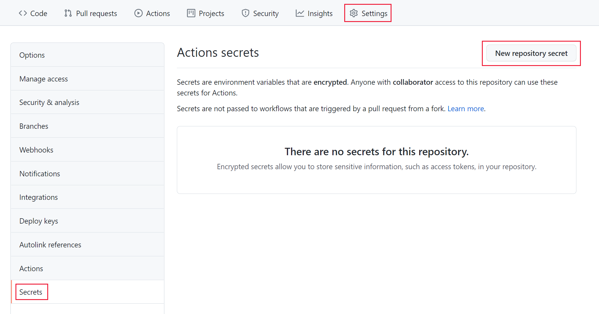 Captura de tela que mostra como adicionar um segredo de repositório do GitHub.