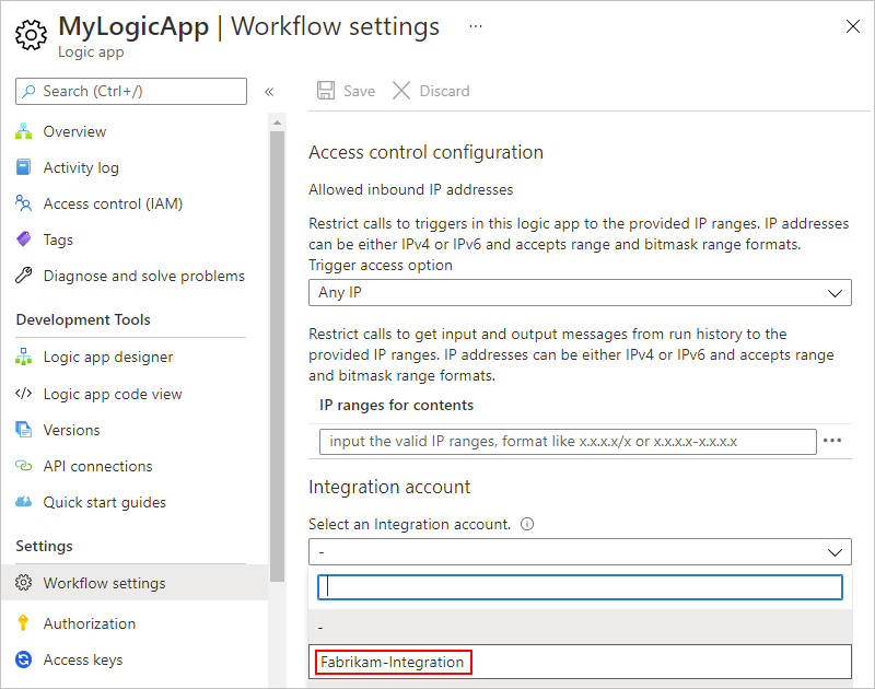 A captura de tela mostra o portal do Azure, o menu da conta de integração com a página aberta chamada Configurações do fluxo de trabalho e a lista aberta chamada Selecionar uma conta de integração.