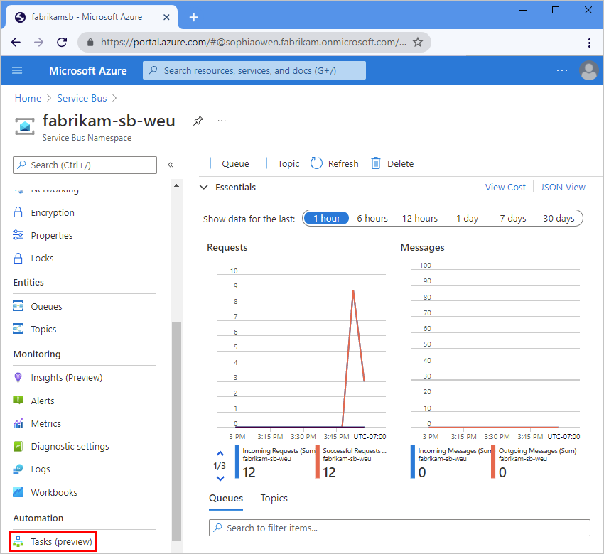 Screenshot showing Azure portal and Azure Service Bus namespace menu with 