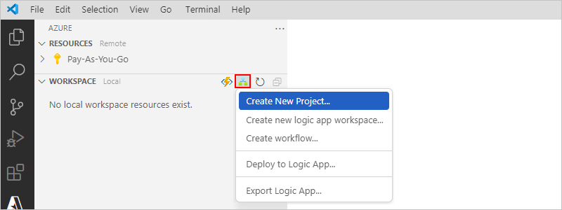 A captura de tela mostra a janela do Azure, a barra de ferramentas do espaço de trabalho e o menu dos Aplicativos Lógicos do Azure com criar novo projeto selecionado.