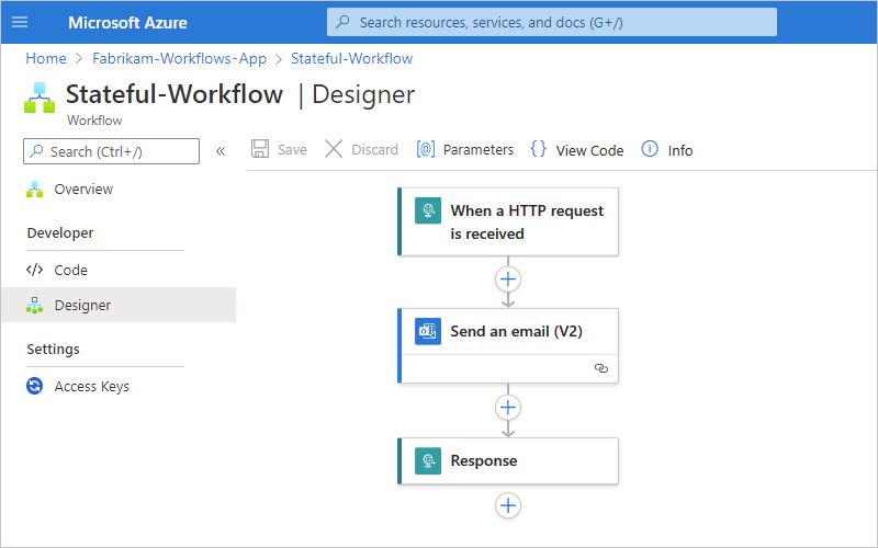 A captura de tela mostra o designer do fluxo de trabalho e o fluxo de trabalho implantado do Visual Studio Code.