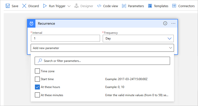 A captura de tela mostra o portal do Azure, o designer de fluxo de trabalho de Consumo e os parâmetros de gatilho de recorrência com a opção selecionada para Nestas horas.