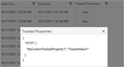 Captura de tela que mostra exemplos de propriedades rastreadas para um fluxo de trabalho de Consumo específico.