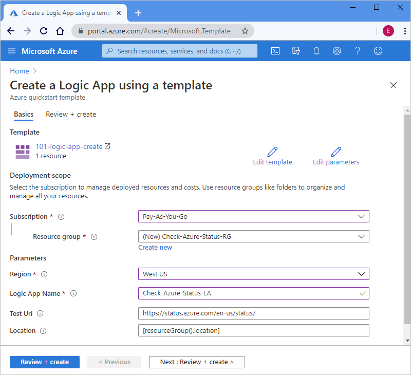 Captura de tela mostrando o portal do Azure com as propriedades e valores de amostra de “Criar um aplicativo lógico usando um modelo