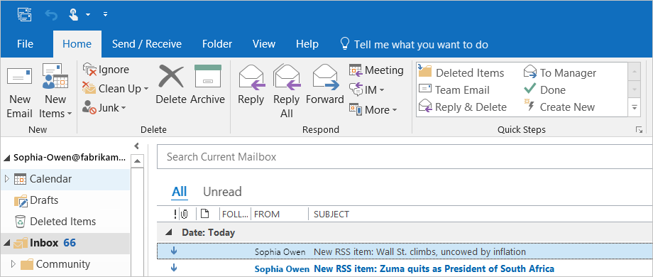 A captura de tela mostra o exemplo de email do Outlook enviado para cada novo item do RSS