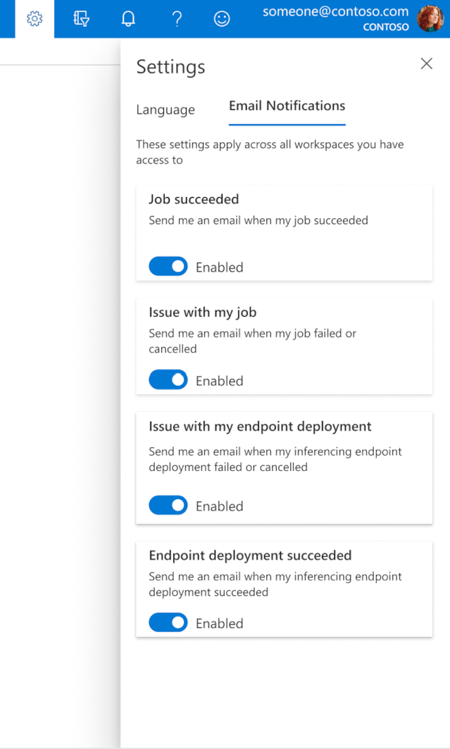 Captura de tela das configurações do Estúdio Azure ML na guia de notificações por email.