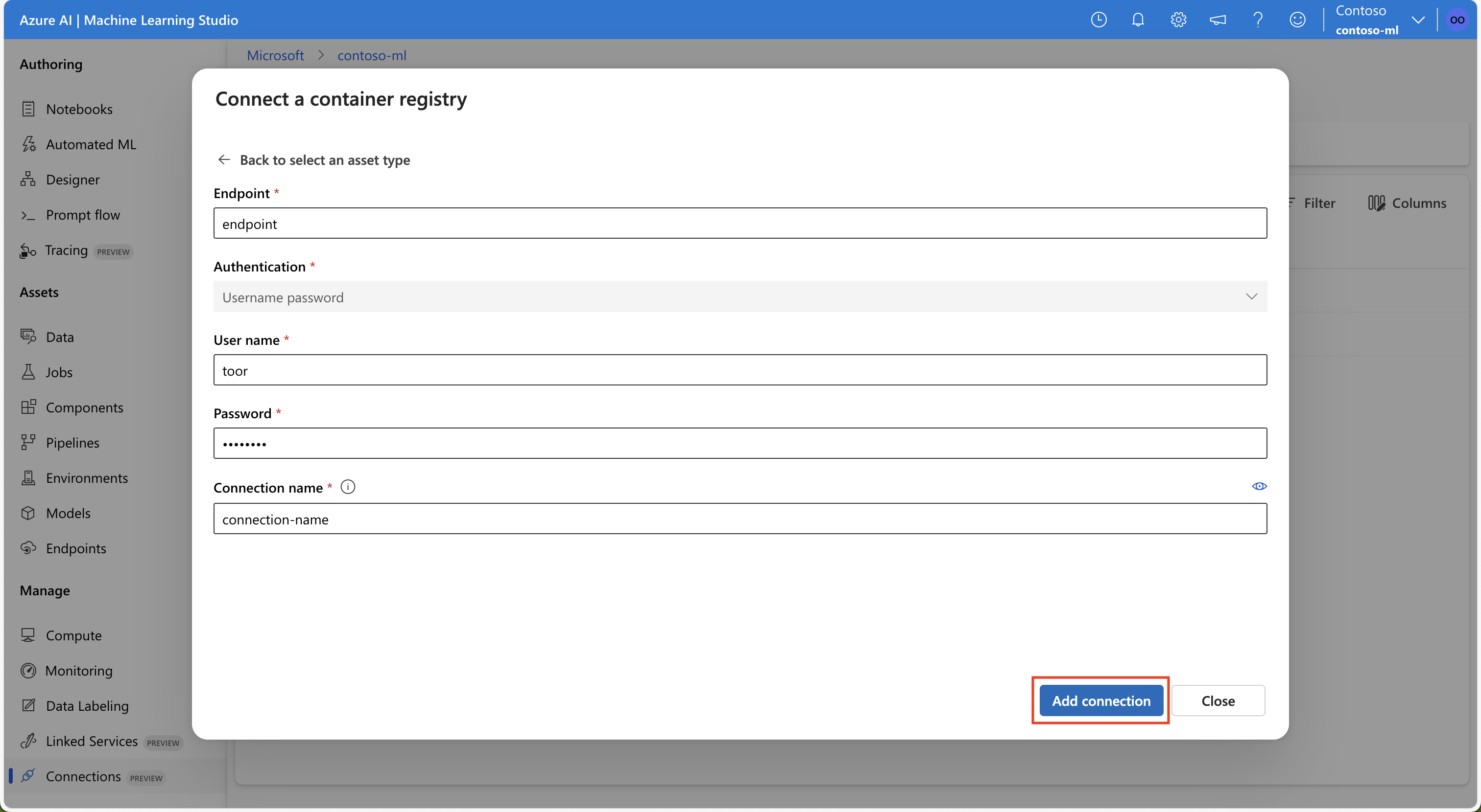 Captura de tela mostrando os campos de entrada para se conectar a um registro de contêiner genérico na interface do usuário do Estúdio do Azure Machine Learning.