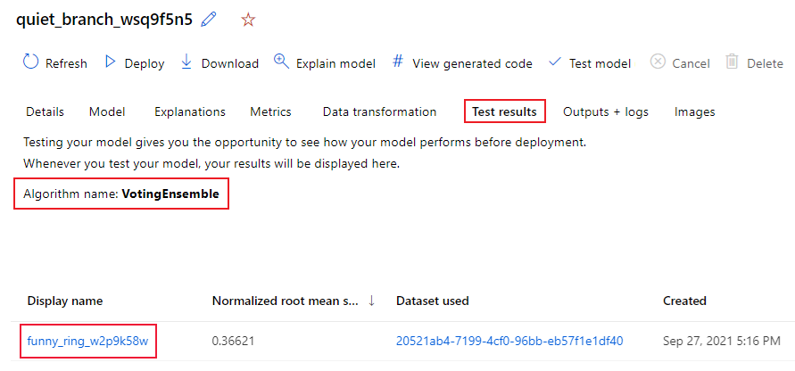 Captura de tela que mostra a guia resultados do teste para o modelo testado automaticamente e recomendado.