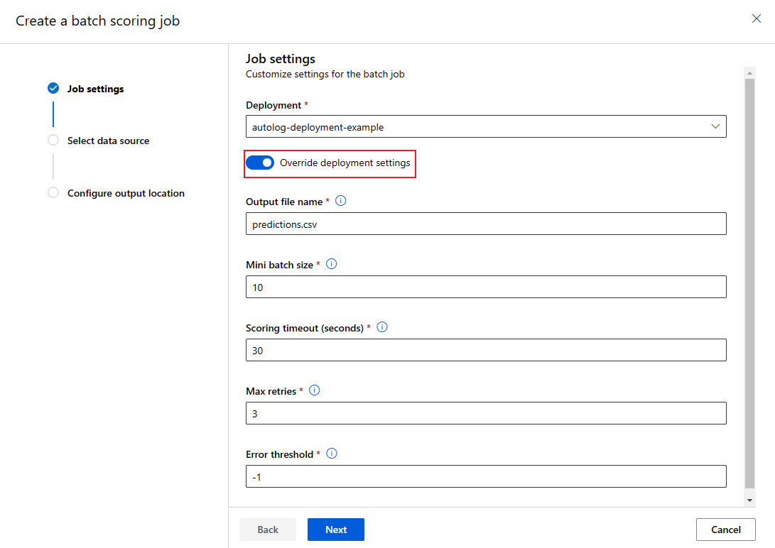 Captura de tela da configuração de substituir ao iniciar um trabalho em lotes.