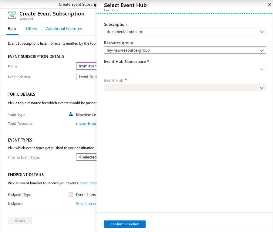 A captura de tela mostra o painel Criar Assinatura de Evento com Selecionar Hub de Eventos aberto.