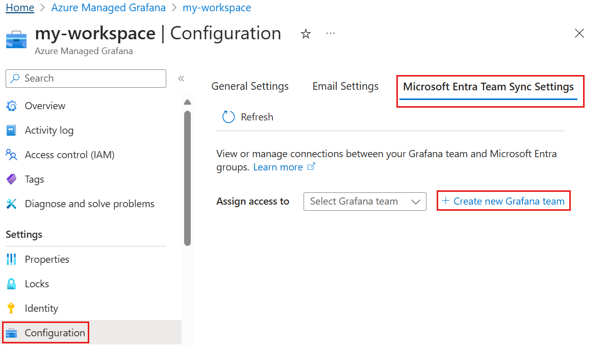 Captura de tela do portal do Azure. Configurar o Microsoft Entra Team Sync.