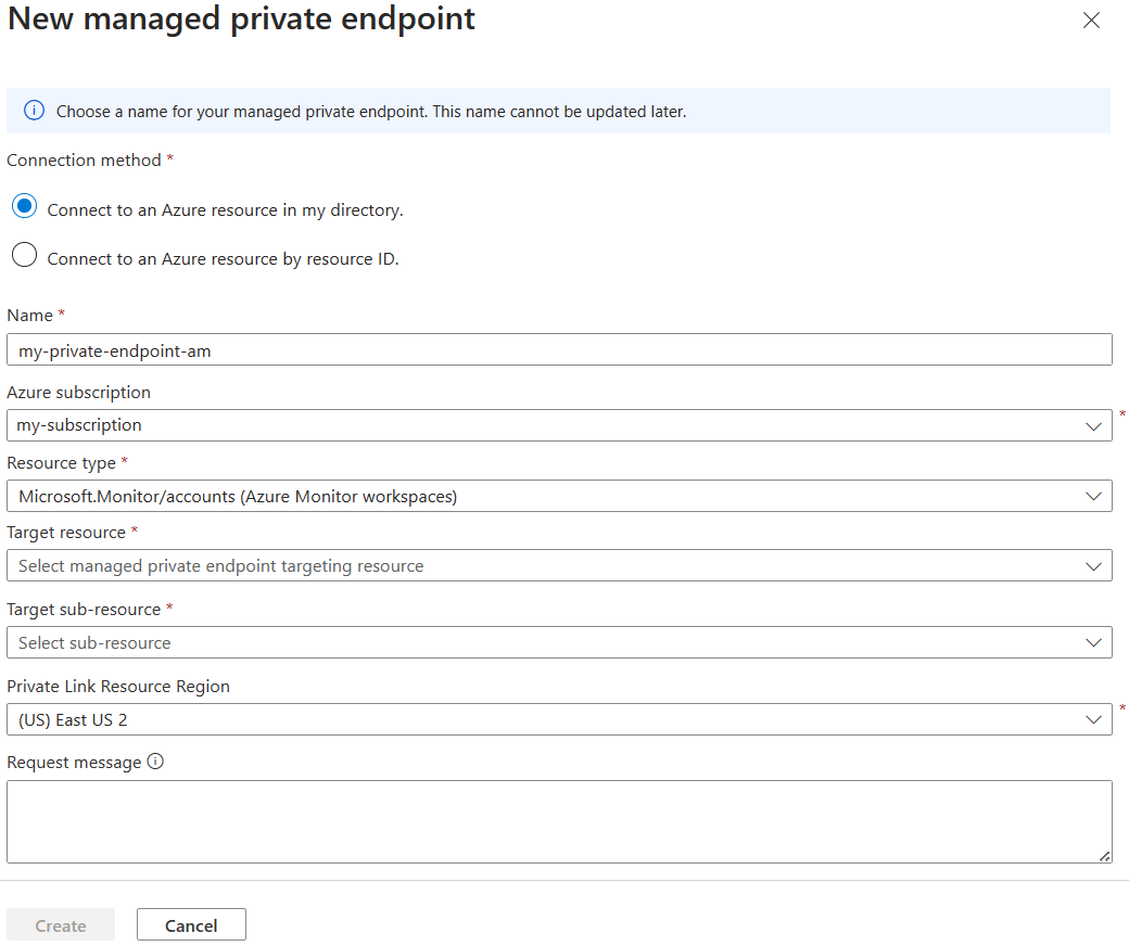 Captura de tela do novo ponto de extremidade privado gerenciado do portal do Azure para o workspace do Azure Monitor.