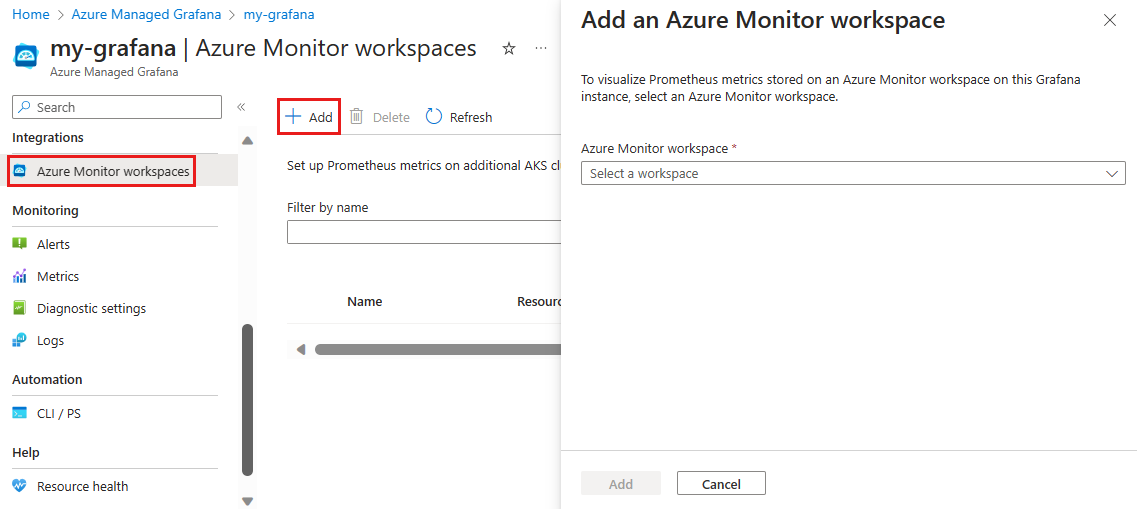 Captura de tela de funções do Grafana na plataforma Azure.