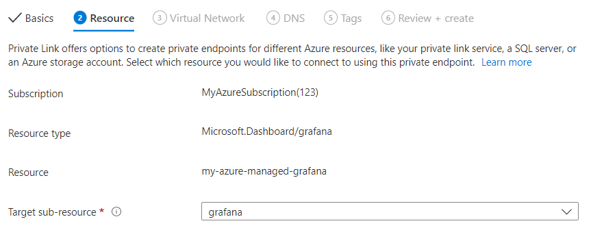 Captura de tela do portal do Azure preenchendo a guia Recursos.