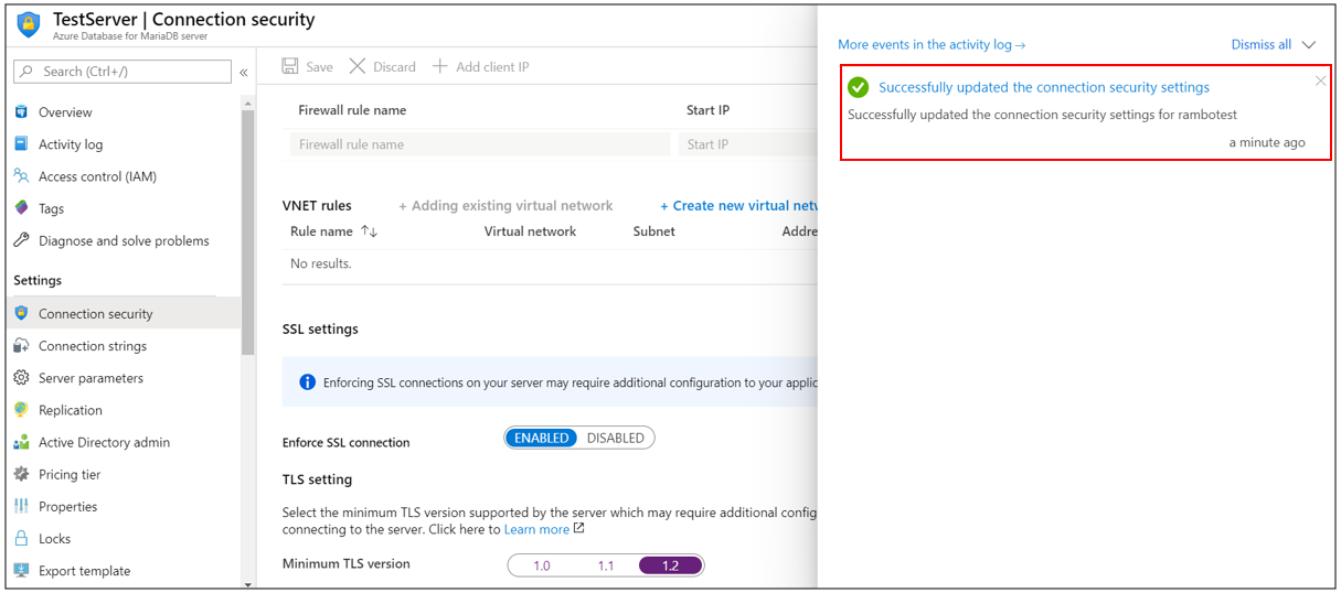 Configuração do TLS do Banco de Dados do Azure para MariaDB realizada com êxito