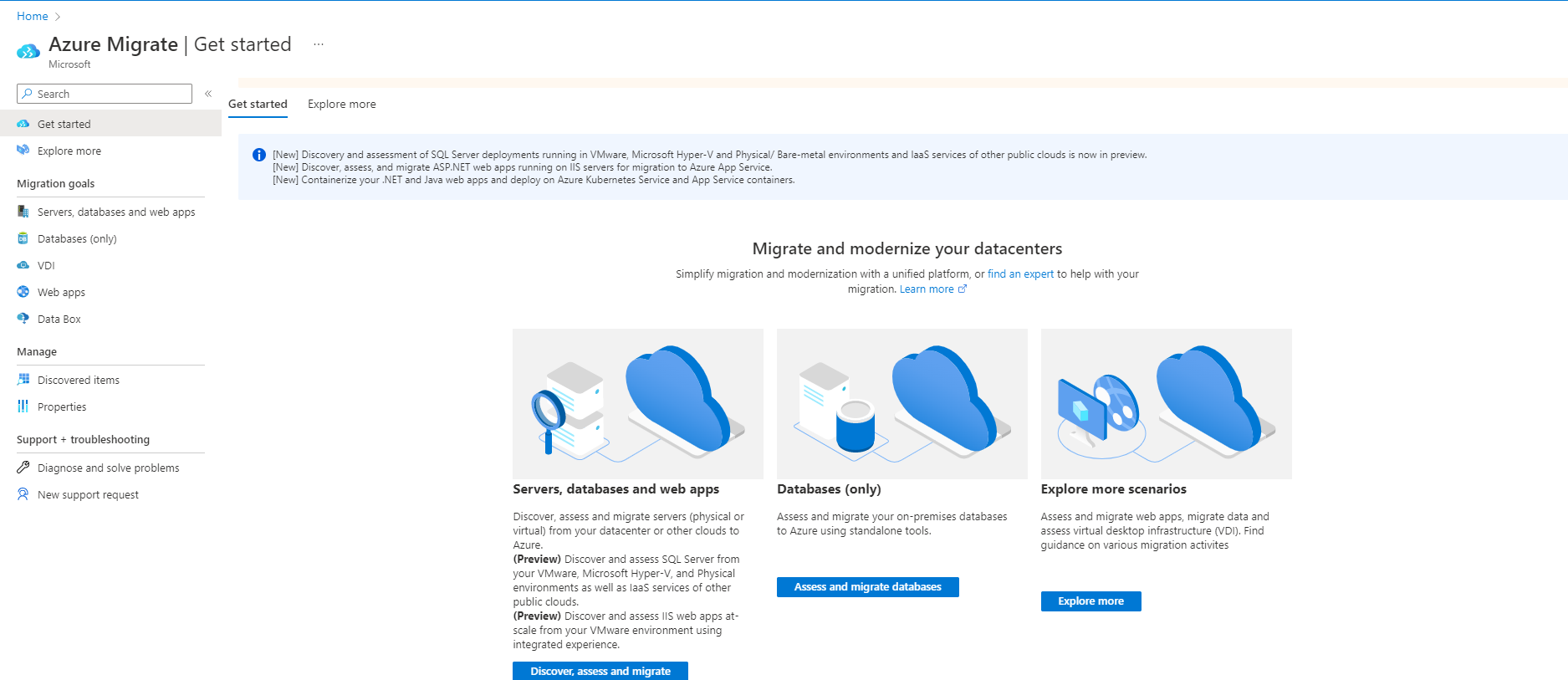 Captura da tela “Introdução” de Migrações para Azure.