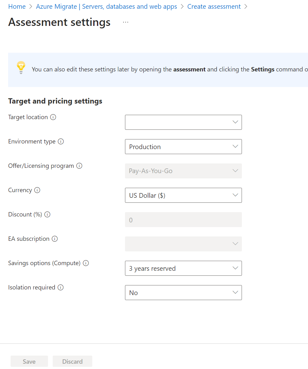 Captura de tela das configurações de avaliação das Migrações para Azure.