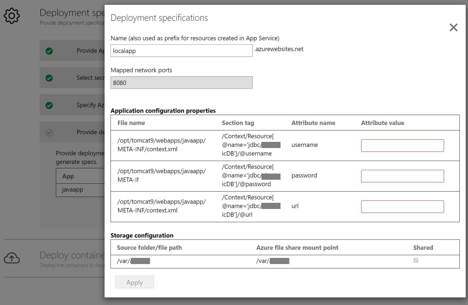 Captura de tela da configuração do aplicativo de implantação.