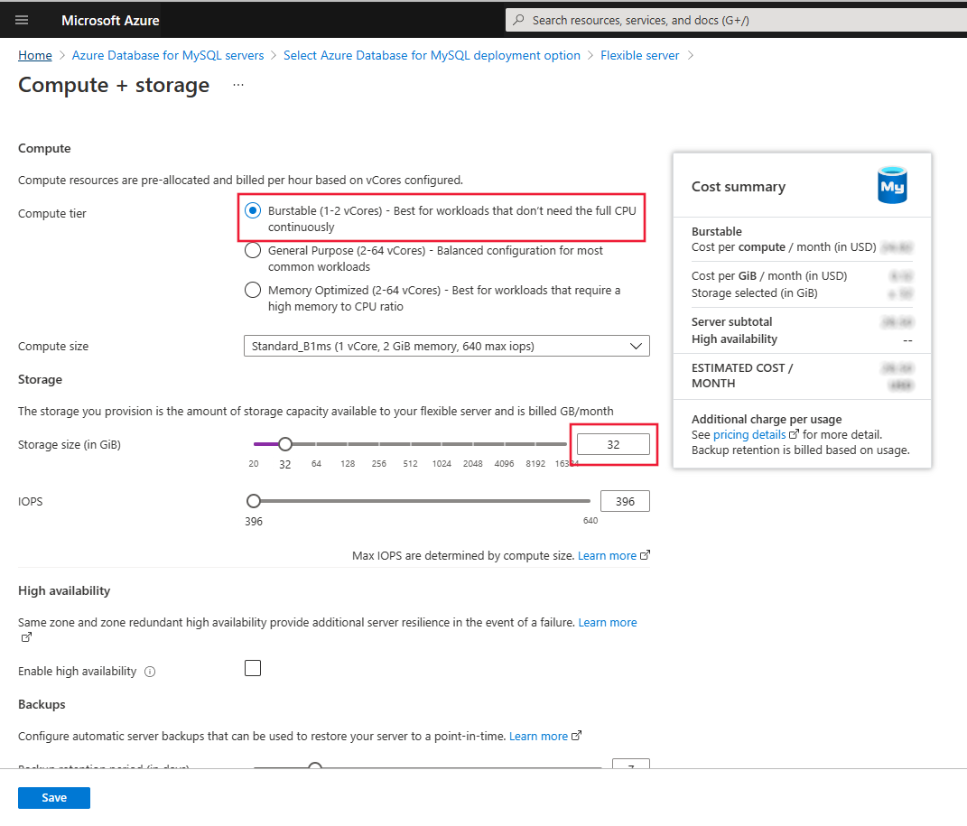 Captura de tela que mostra a folha do servidor de configuração de Computação + armazenamento, para escolher SKU B1MS e Armazenamento de 32 GB.