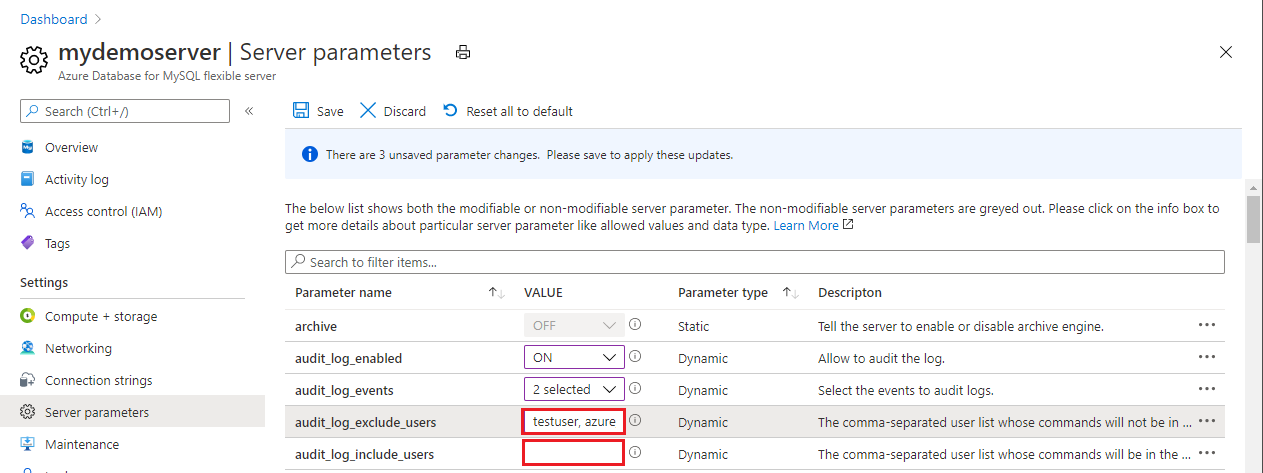 Captura de tela mostrando os nomes de usuário do MySQL a serem incluídos ou excluídos do registro em log.