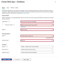 Uma captura de tela que mostra como configurar um novo aplicativo e banco de dados no assistente Aplicativo Web + Banco de Dados.