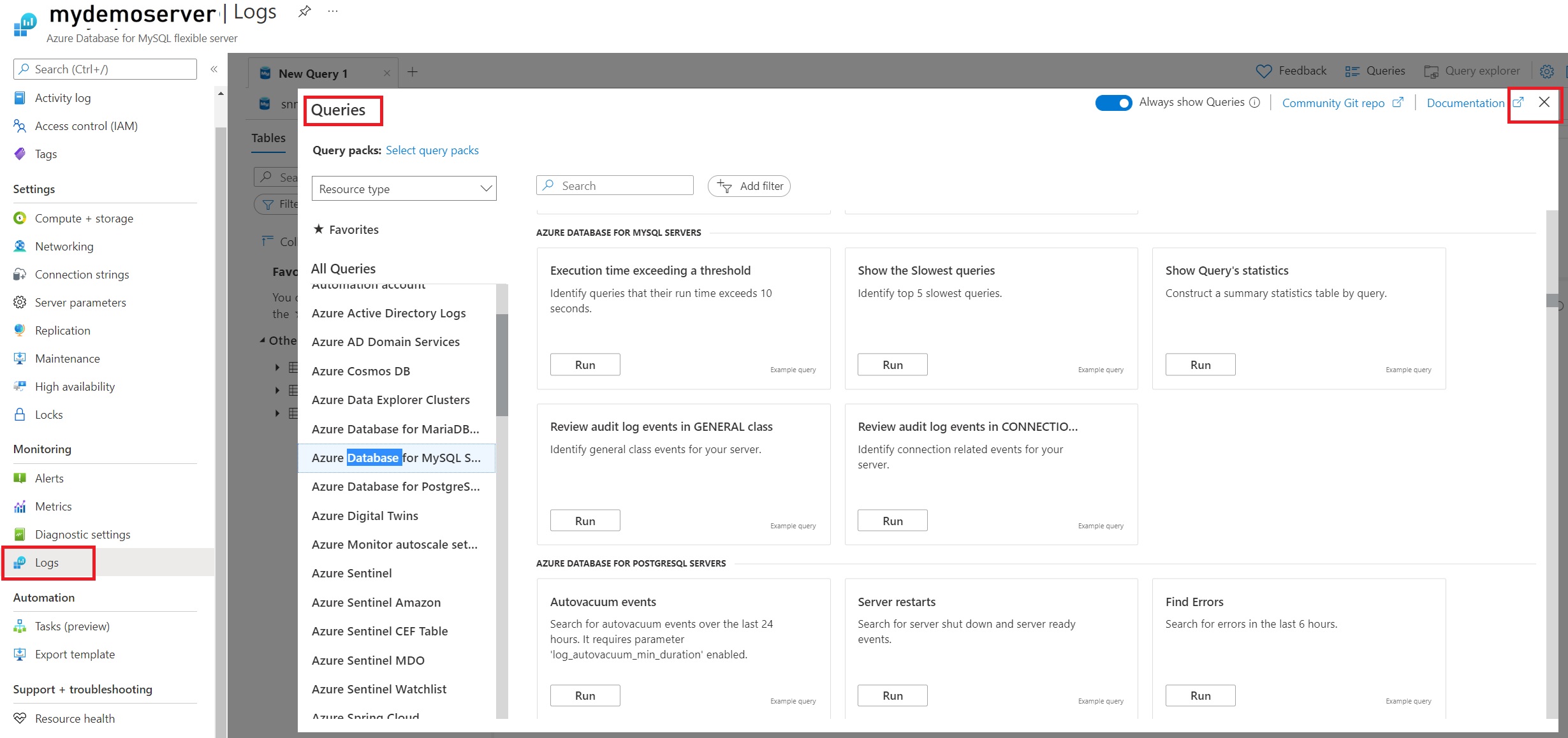 Captura de tela do painel 'Consultas' do Log Analytics.