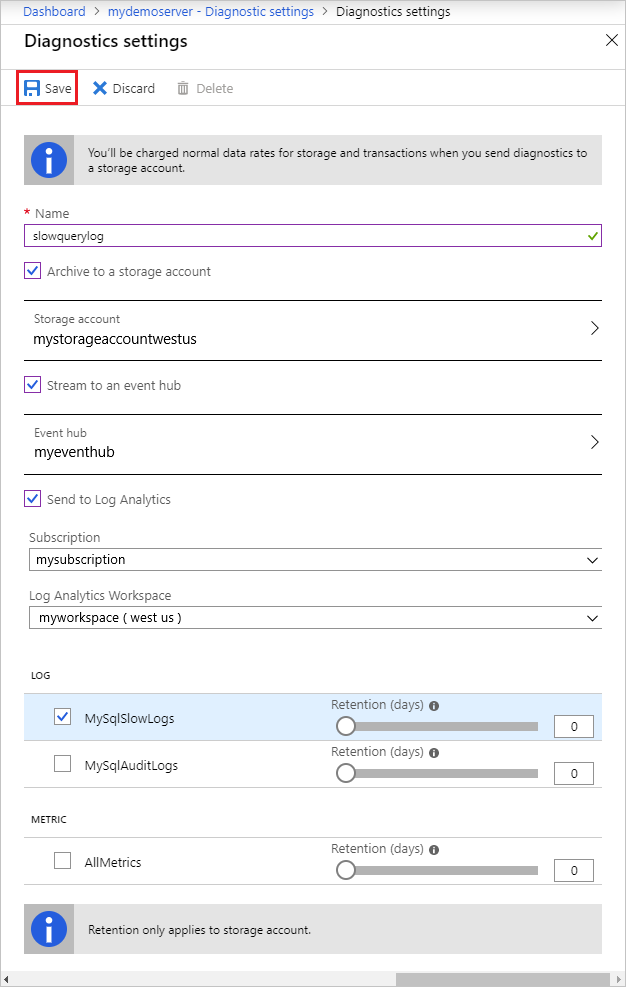 Captura de tela das opções de configuração das configurações de diagnóstico, com Salvar destacado.