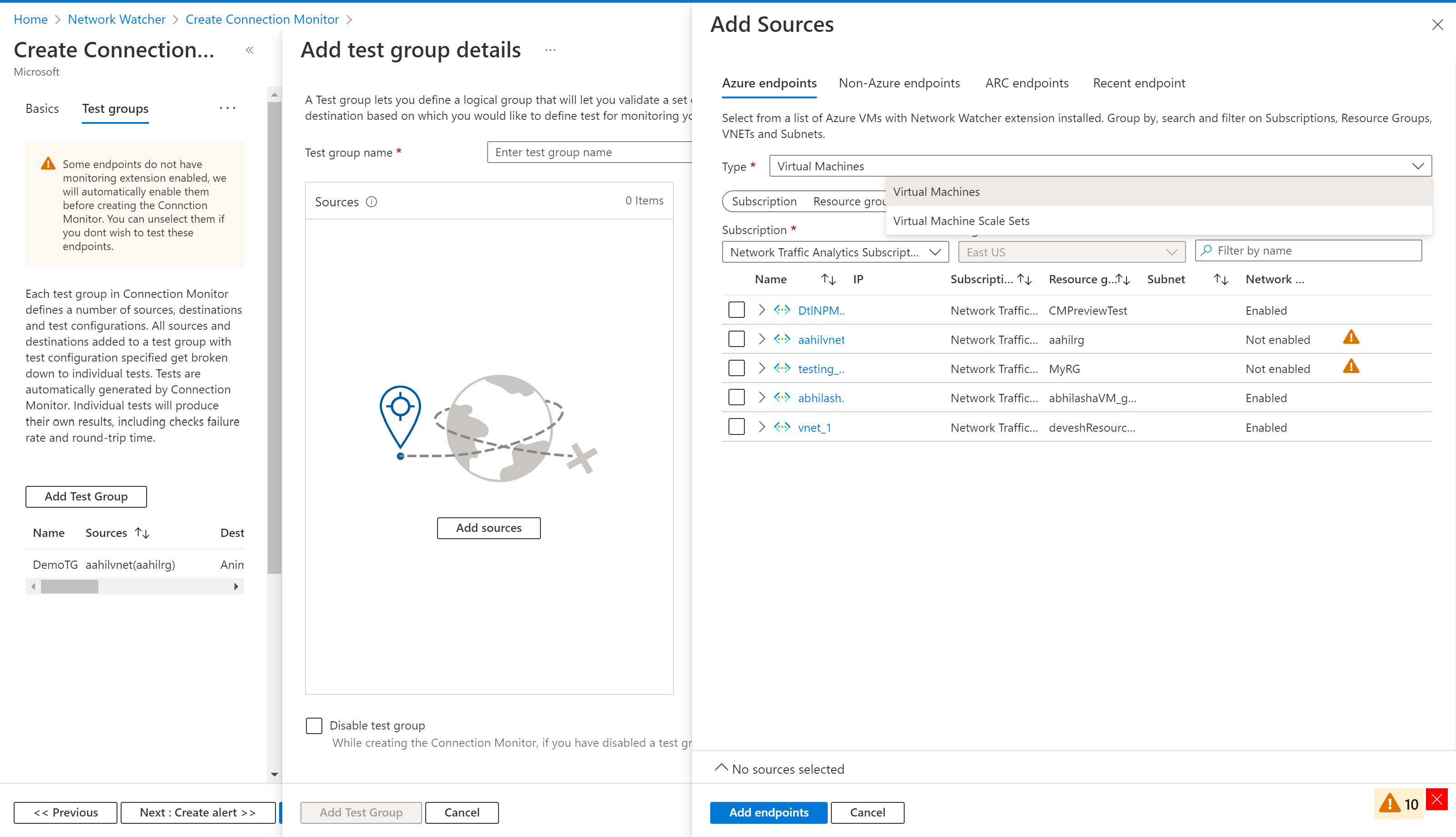 Captura de tela que mostra o painel Adicionar Origens e os Pontos de extremidade do Azure, incluindo a guia ‘Conjuntos de Dimensionamento de Máquinas Virtuais’ no Monitor da Conexão.