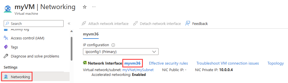 Captura de tela mostrando como selecionar a página do adaptador de rede nas configurações da máquina virtual no portal do Azure.