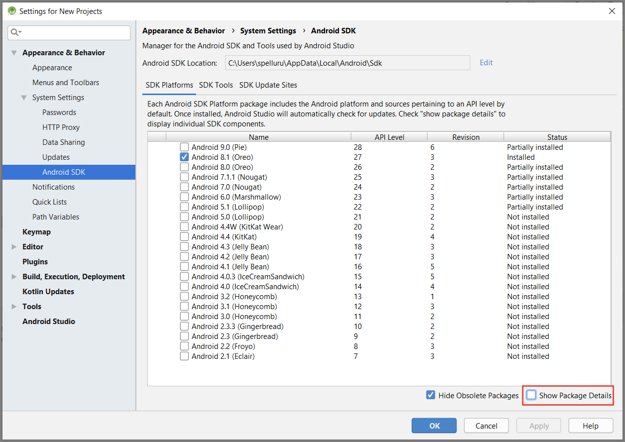 Gerenciador do SDK do Android – selecionar versão de destino