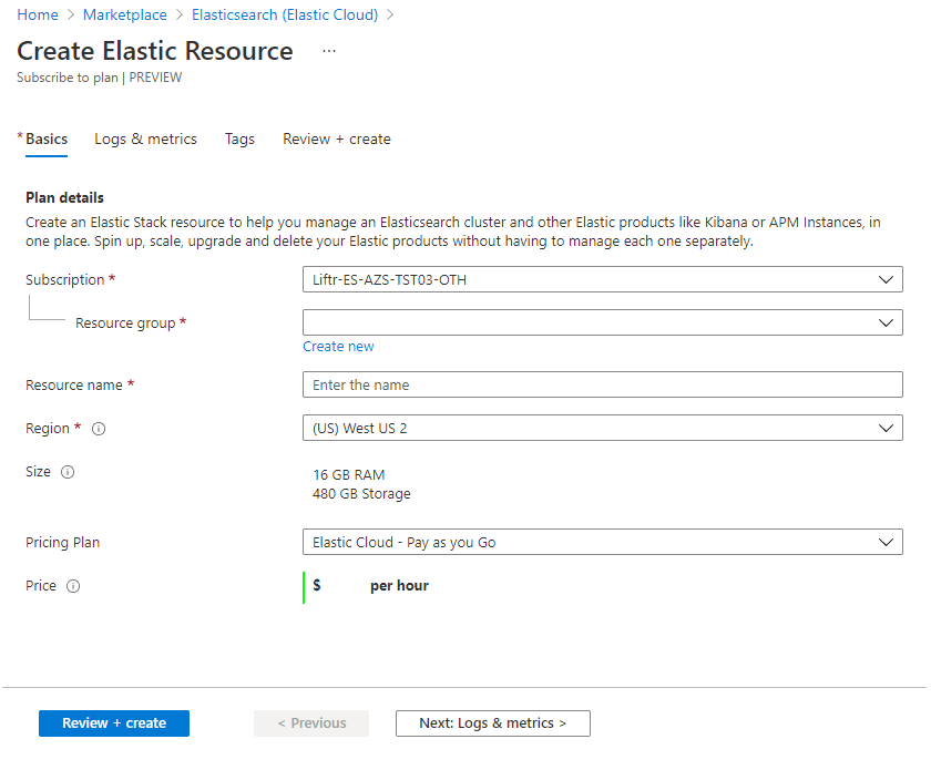 Formulário para configurar o recurso Elastic.